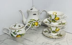 Gracie Teaware Lemon Bee Butterfly 8 Piece Porcelain Tea Set, Yellow, Gold Trim